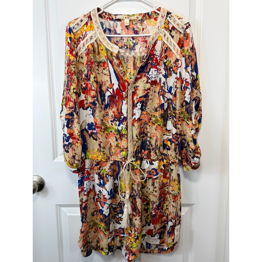 Chelsea & Violet Floral Crochet BOHO Lace Mini Dress L Festival Peasant Cottage